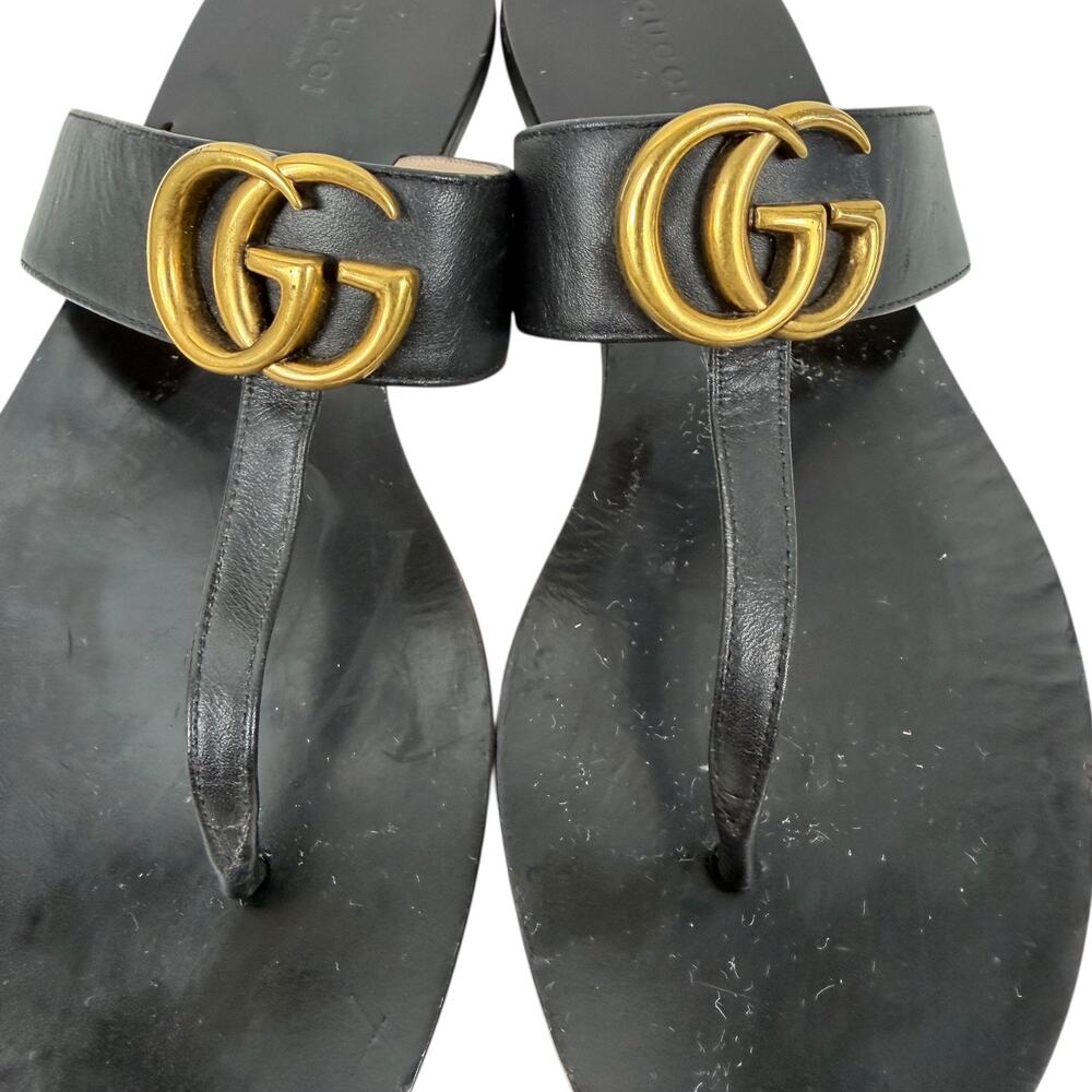 Gucci Black Leather Thong Sandal Gold Double G Logo Size 38.5 - Picture 6 of 13